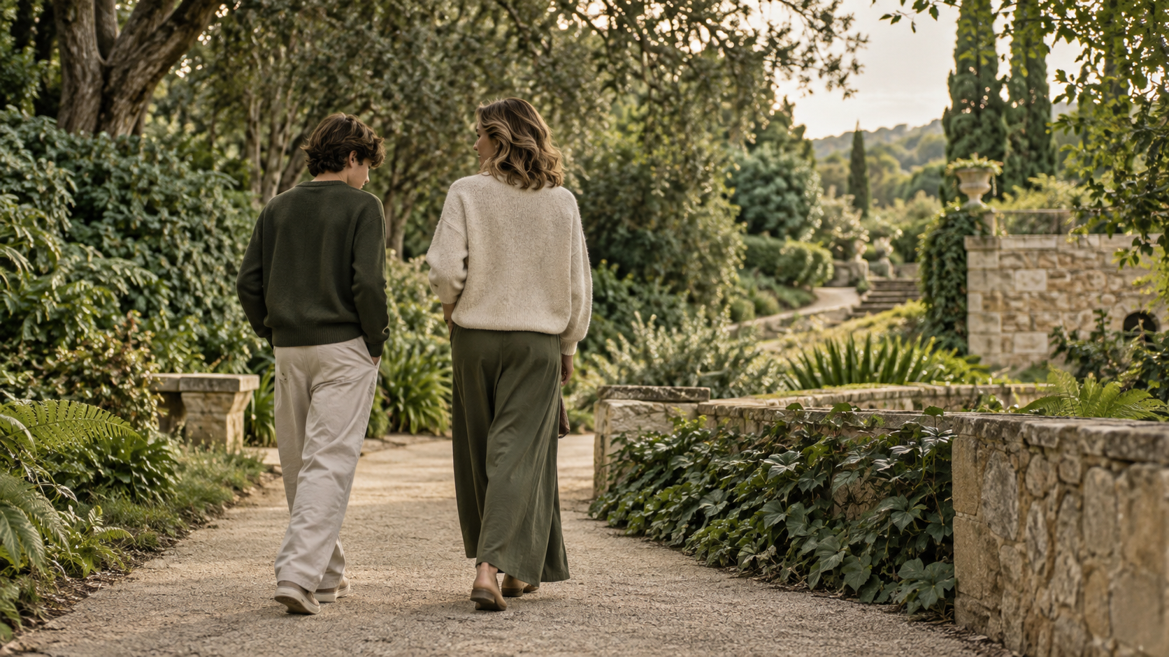 A parent and young person walking together in a garden