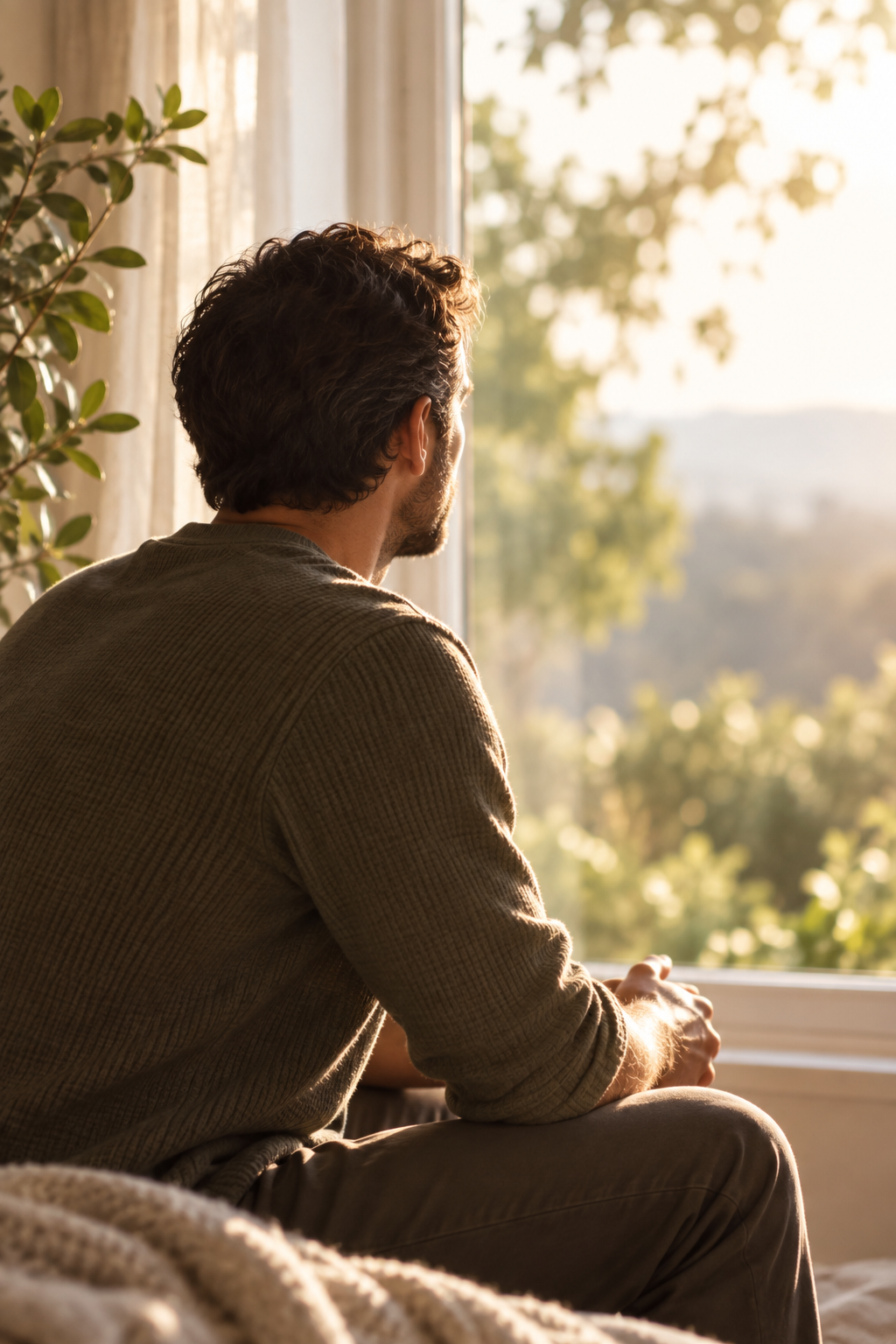 A calm and reflective moment by a window